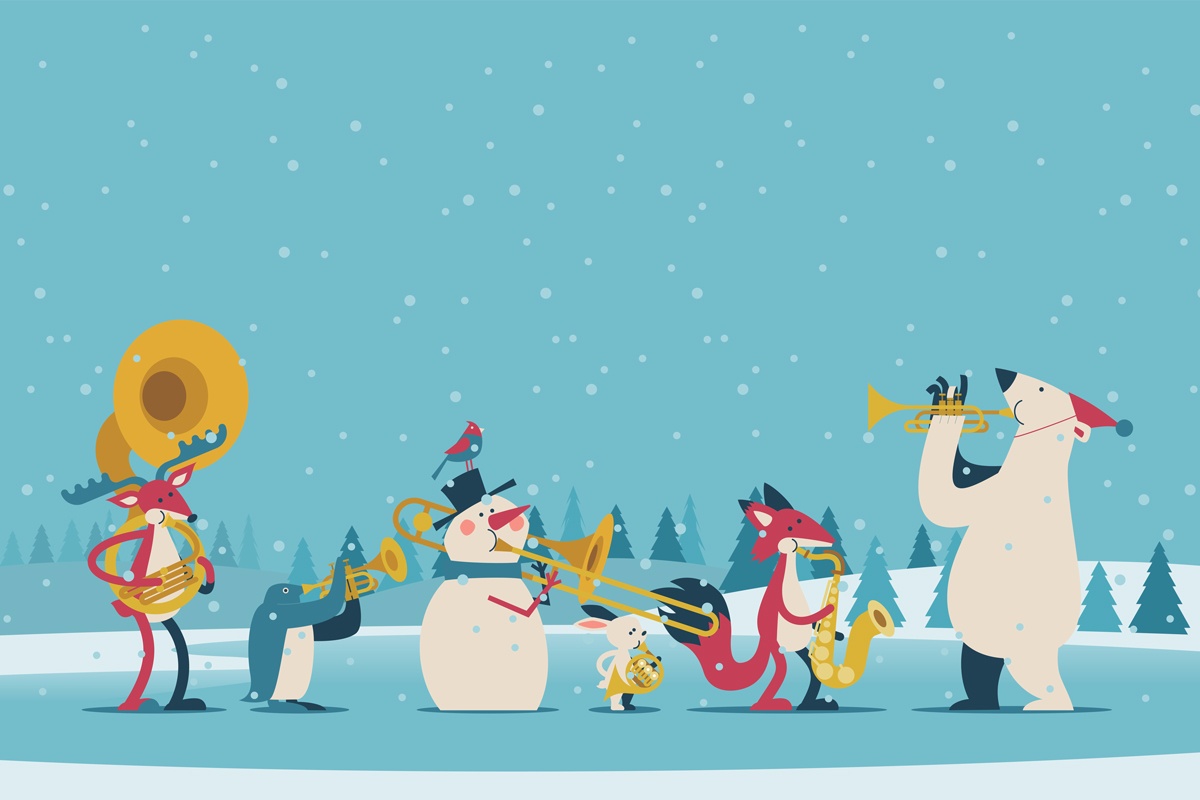 Concert, Christmas Concert, Band, Musical, Winter, Celebration, Illustration, Cartoon, Blue, Snowman, Fox, Penguin, Rabbit